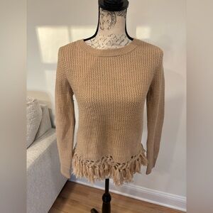 Club Monaco tan merino wool and fringe crew neck sweater size small